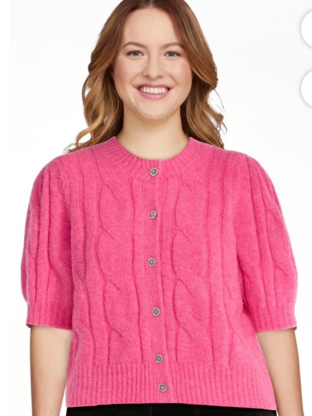 Women's Pink Cable Short-Puff Sleeve Cardigan Sweater  L  NWT
